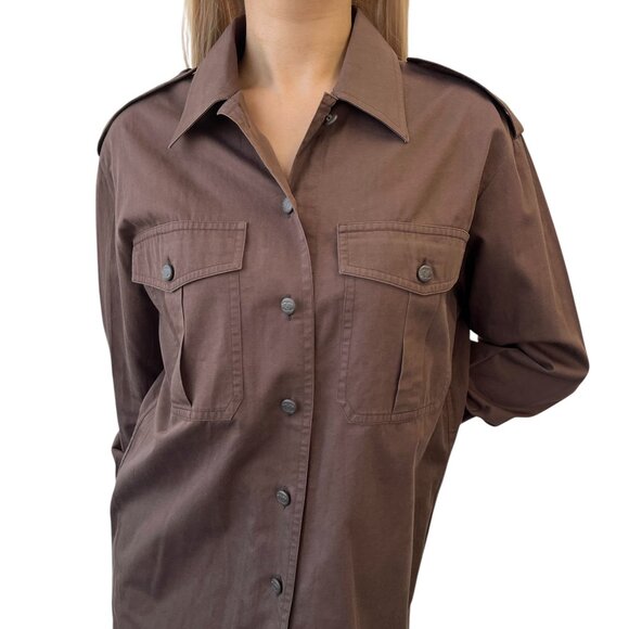 CHANEL Vintage CC Logo Button Up Military Long Sleeve Shirt Brown [106496] - Picture 1 of 12